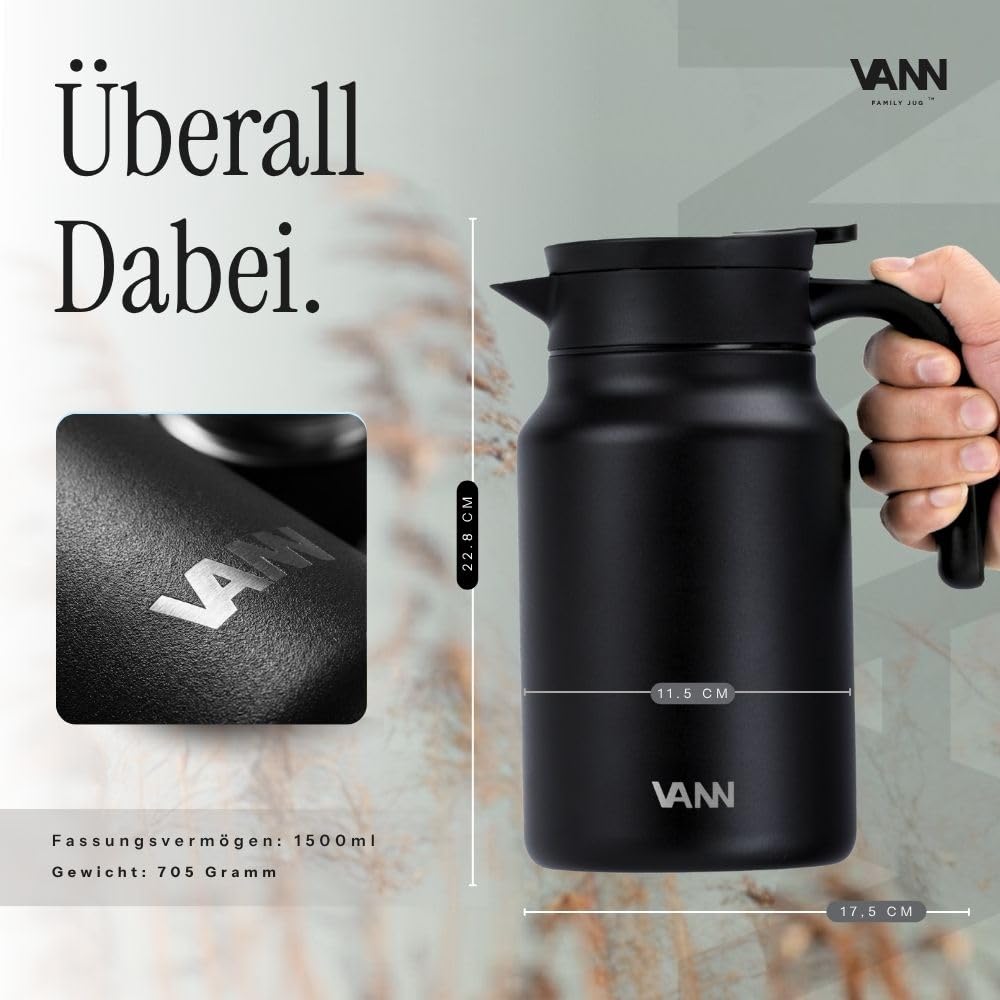 VANN Thermoskanne 1,5l - 3-fach Isolierkanne [24h warm, 36h kalt] | Thermoskanne aus zertifiziertem Edelstahl [BPA-frei] - Ideal als Teekanne oder Kaffeekanne - Auslaufsicher - Schwarz