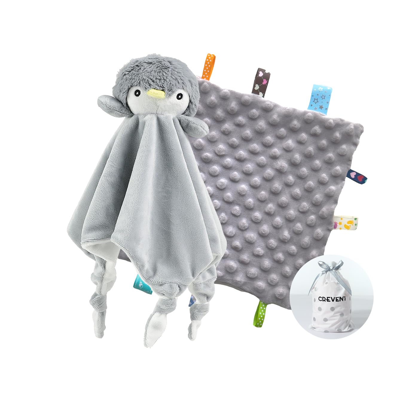 CREVENT Cozy Plush Baby Security Blanket, Loveys for Baby Girls and Boys, Birthday (Penguin + Tag)