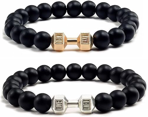 Dumbbell Bracelet for Men Gym Bros Bracelet Black Barbell Bracelet Set,2Pcs Natural Volcanic Stone Bracelet Anxiety Bead Bracelet Traintough Dumbbell Bracelet Fitness Barbell Jewelry for Men Women