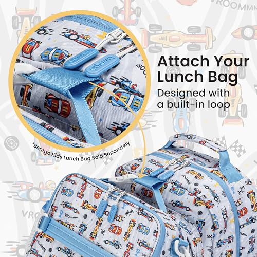 Image of Bentgo Kids Print Backpack - Lightweight 14 inch Backpack for School, Travel & Daycare, Ideal for Ages 4+, Durable & Water-Resistant, Roomy Interior, & Loop for Lunch Bag (NEW Race Cars)