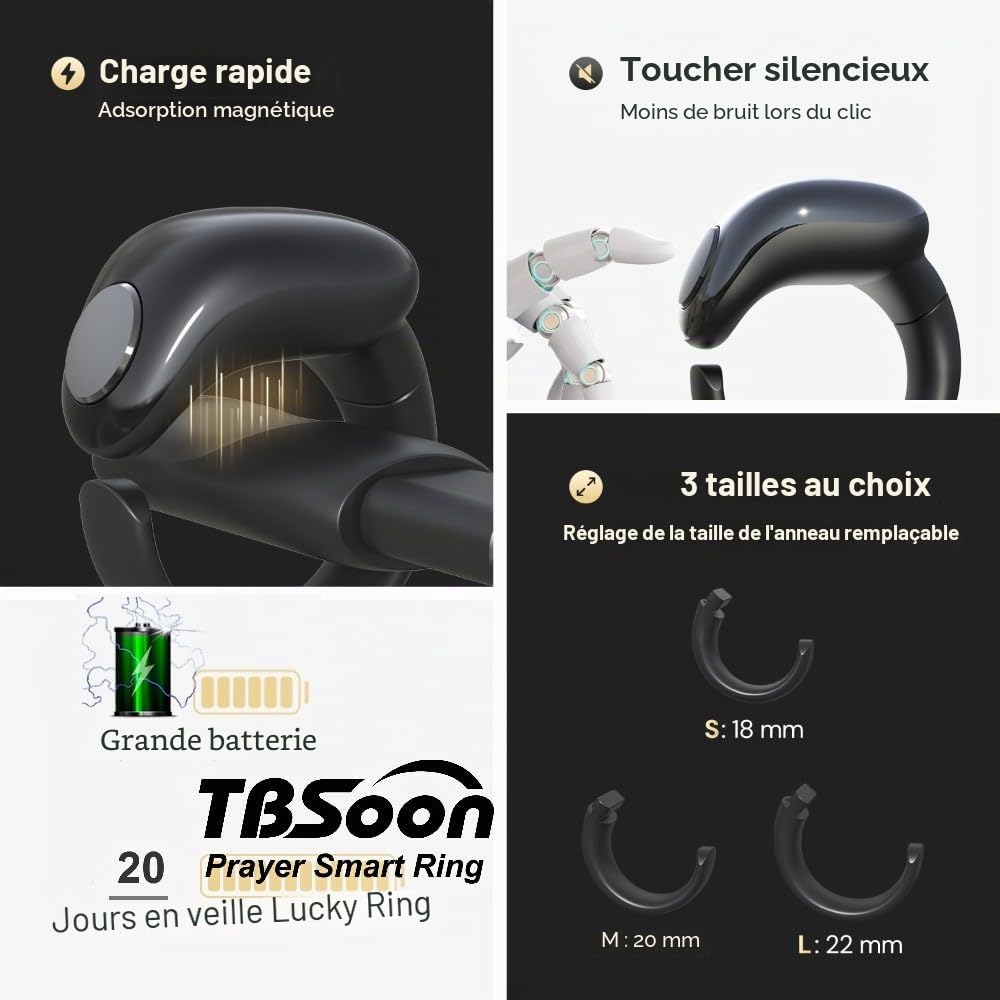 Bague connectée Tasbih Tendance, Compteur de Chapelet, Guide indicateur de Direction de prière, Pardon, Chapelet électronique, Cadeau pour l'Aïd el-Fitr, l'Aïd el-Adha et Le Ramadan, Réglable