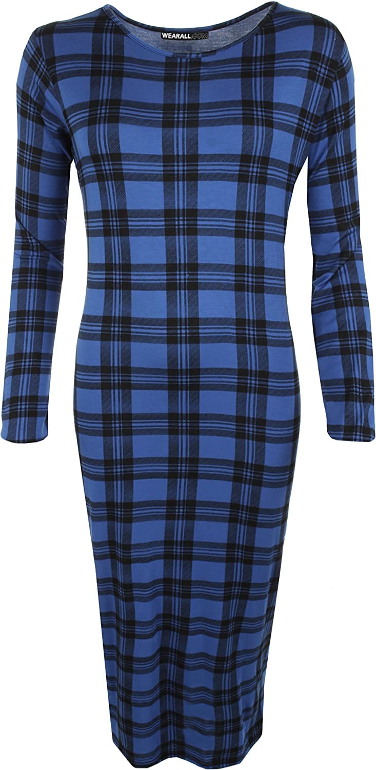 WearAll Womens Bodycon Stretch Plain Long Sleeve Ladies Round Neck Midi Dress - Tartan Blue 12-14