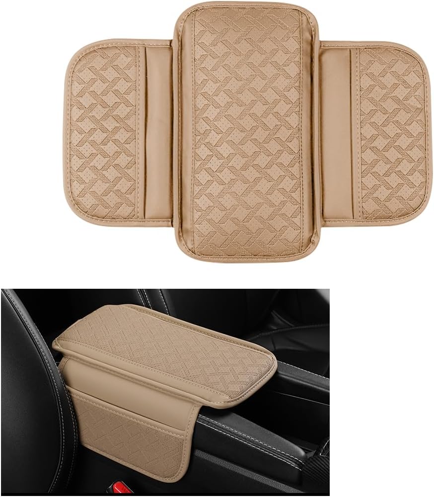 Car Center Console Cover, Microfiber Leather Vehicle Armrest Protector Cushion with 2 Storage Bags, Auto Middle Console Armrest Seat Box Pad Accessories, Universal for Most Cars (Beige)