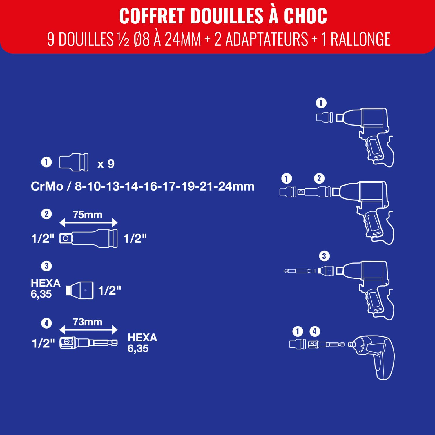 TIVOLY - Coffret Douilles À Choc - 9 Douilles 1/2 Ø 8 à 24 mm + 2 Adaptateurs + 1 Rallonge