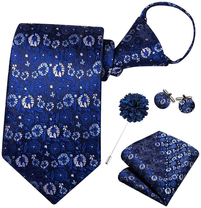 Image of Hi-Tie Zipper Ties for Men Pre-tied Tie Set Lapel Pin Pocket Square and Cufflinks Formal Business Wedding Adjustable Necktie