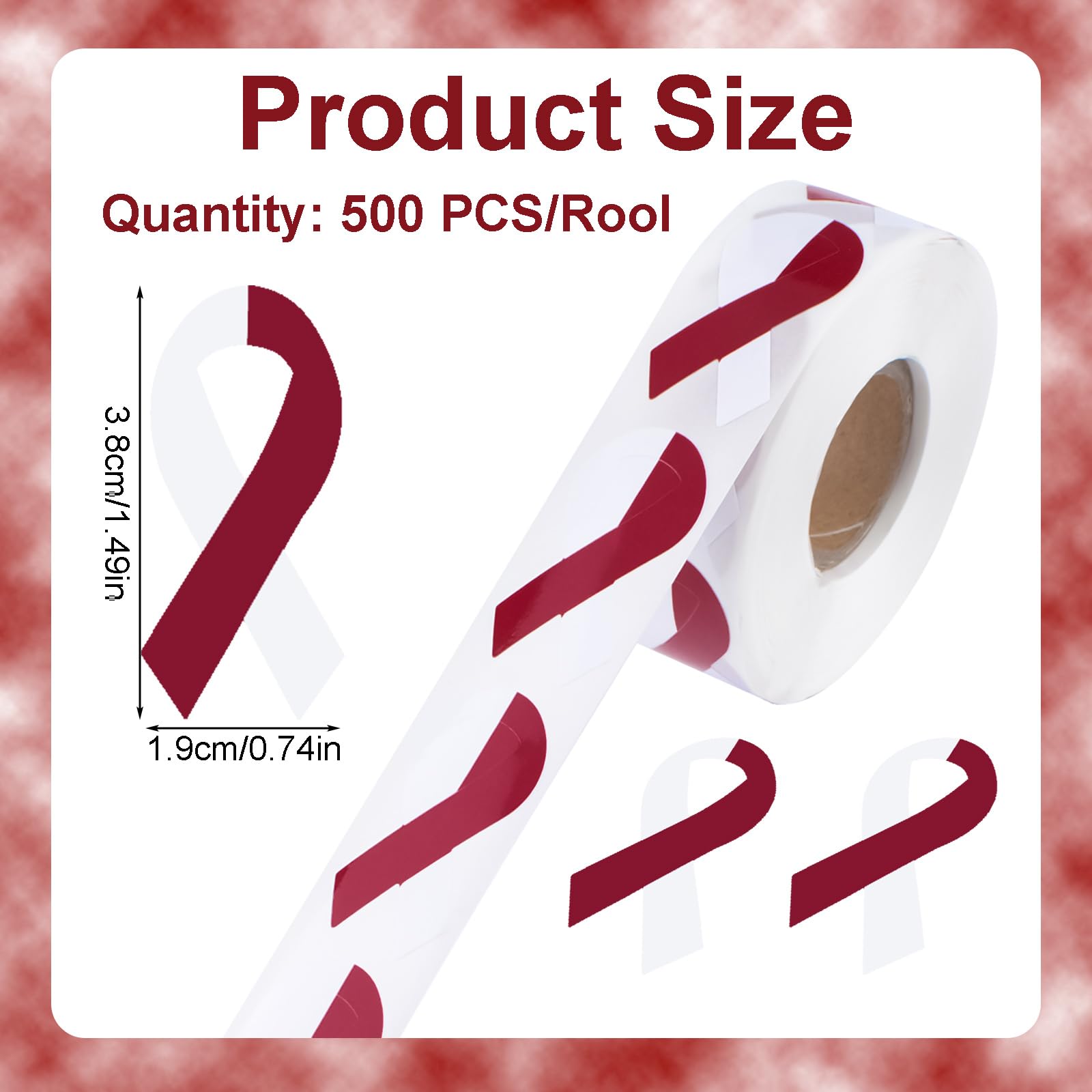 WANDIC 500 PCS Ribbon Sticker Roll Burgundy White Ribbon Decal Head and Neck Cancer Awareness Oral Cavity Awareness Care Stickers,for Social Charitable Activities,1.9 * 3.8cm - Image 2