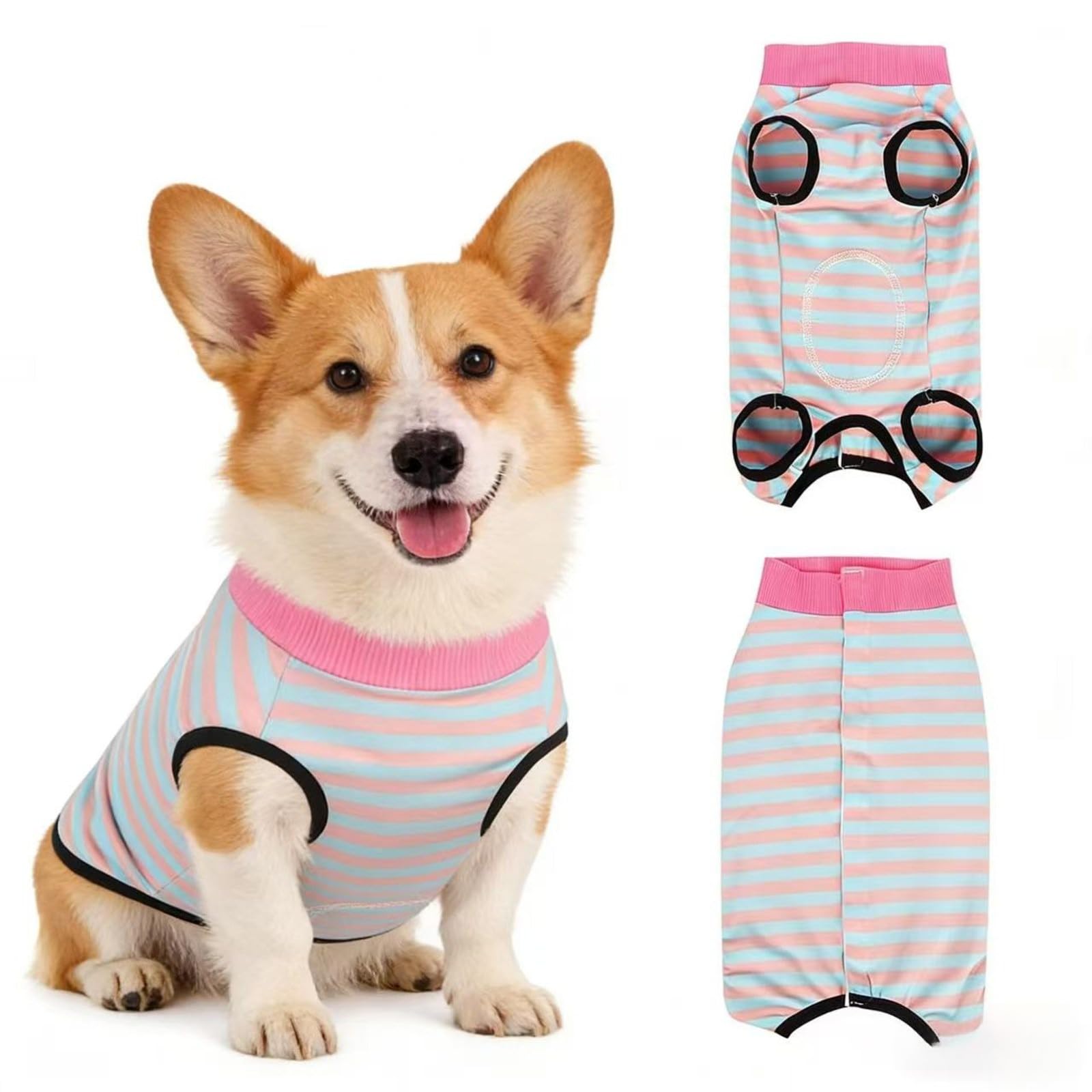 Recovery Suit for Dogs Leak-Proof Protective Suit for Dogs Pink Blue Stripe Soft Surgical Bodysuit Wound Protection Cone Alternative (L)