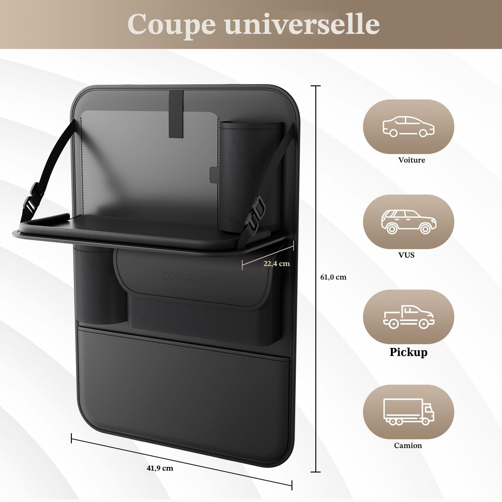 Coverado Organiseurs pour voiture, Napa cuir Protection de Dossier de Voiture Enfants avec support plat/plateau alimentaire pliable/protecteur de coussin de pied/Multi - sac/support de sac-poubelle