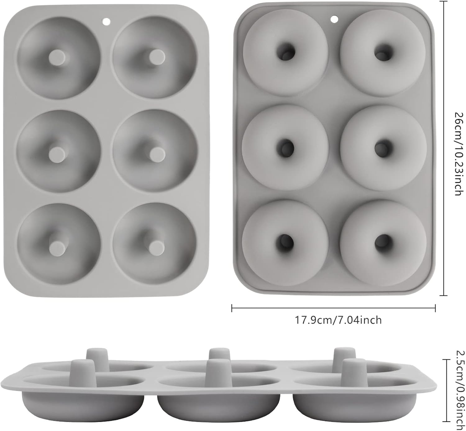 Aichoof Silicone Donut Mold for 6 Doughnuts, Set of 2. Food Grade LFGB Silicone Bagels Baking Pan, Non-Stick, Dishwasher Safe, Heat Resistant and Microwave Safe(Gray)