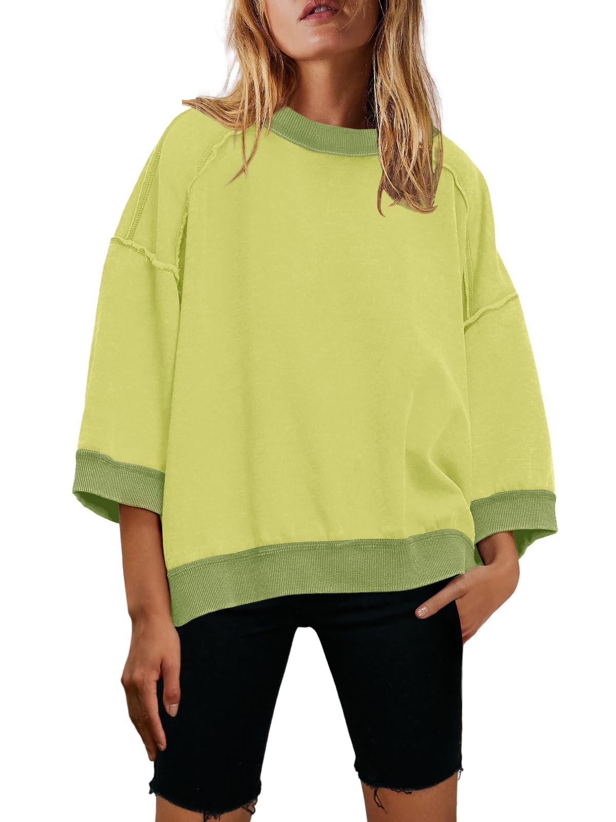 Nirovien Womens Oversized Sweatshirt 3/4 Sleeve Crewneck Sweatshirts Summer Color Block Pullover Tops