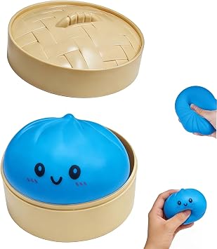Dumpling Squishies,Glitter Dumpling Mystery Box,Colorful Dumplings Sensory Toy, Cute Asian Food Shape, with Food Steamer Stretchy Desk Toys, Soft Squeeze Decompression Dough Blue