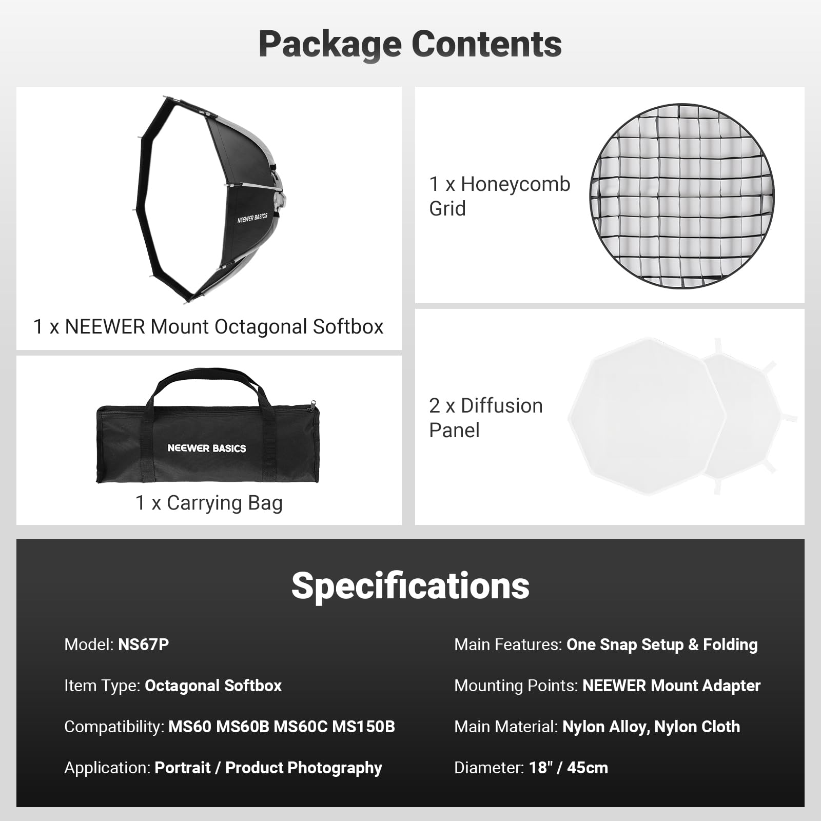 NEEWER BASICS 45.7 cm Octagon Softbox NEEWER Mount (nie Bowens Mount), przenośny zestaw paraboliczny Octabox Soft Box z dyfuzorami/siatką do oświetlenia LED MS do fotografii studyjnej, nagrywania