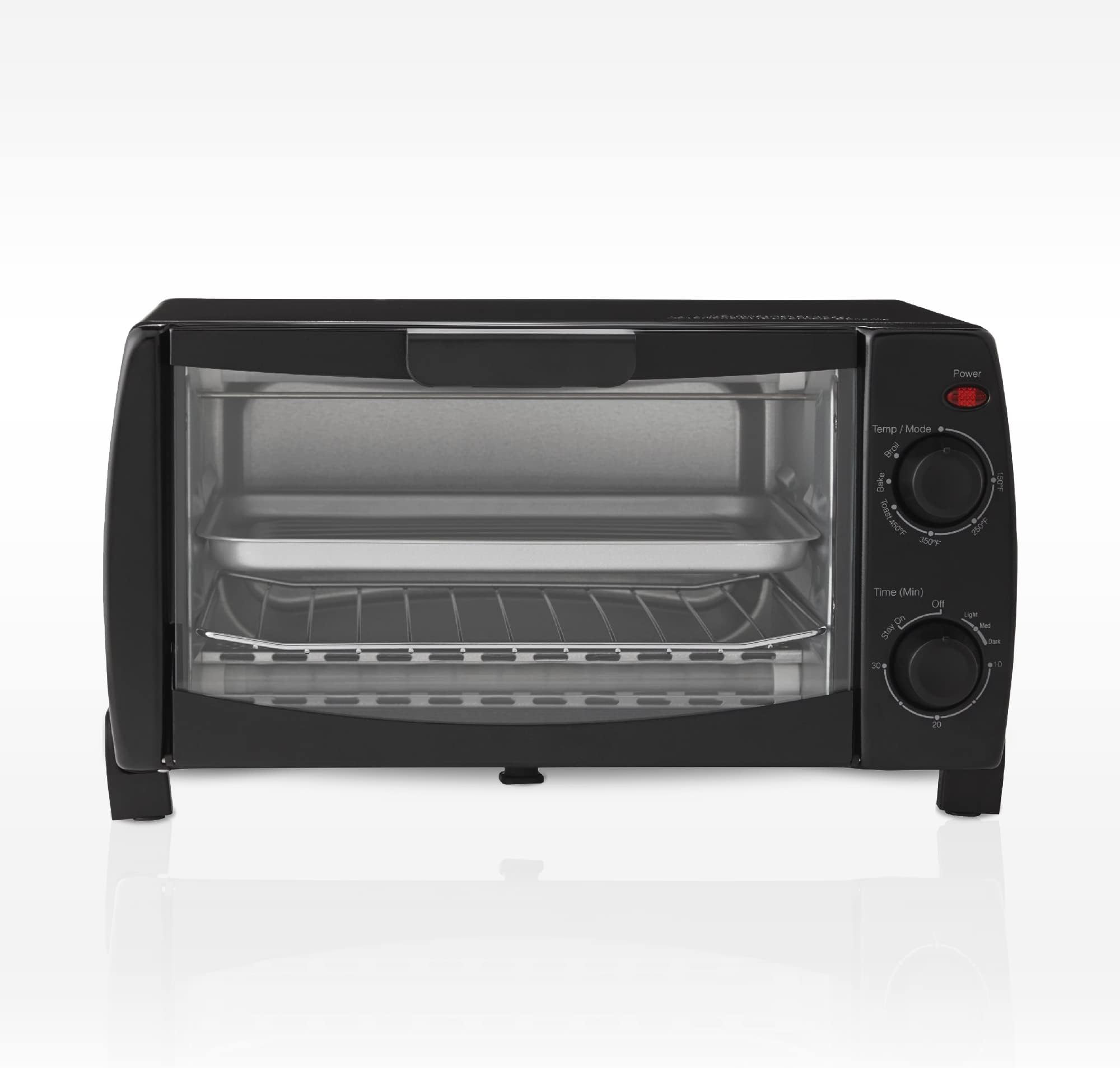 Mainstays 4-Slice Toaster Oven, Black, Includes 1 baking rack and 1 baking pan