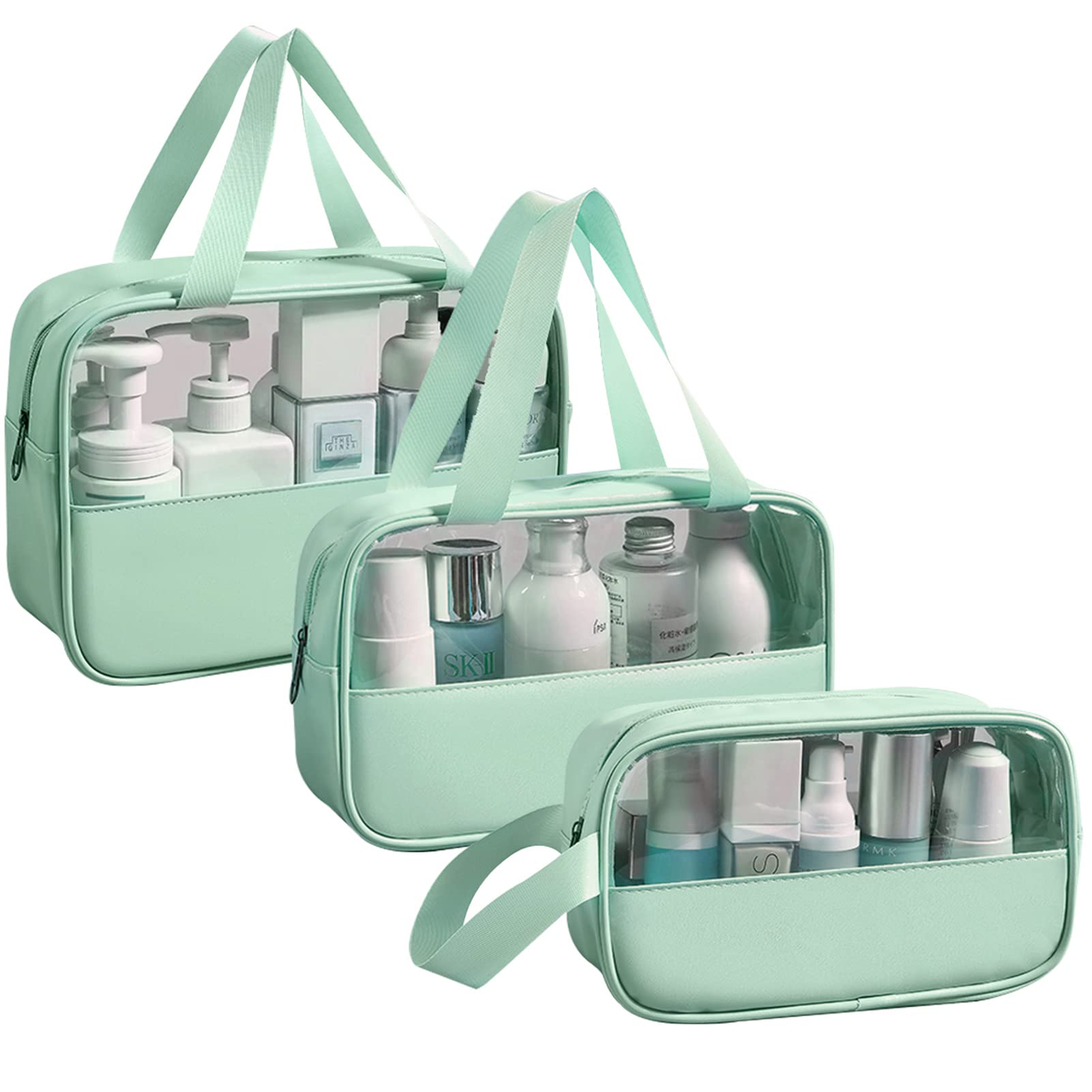 LEcylankEr Neceser Transparente 3 Piezas, Bolsa de Aseo PVC Impermeable para Mujer, Neceser de Maquillaje Portatil para Viajes, Baño (Verde)