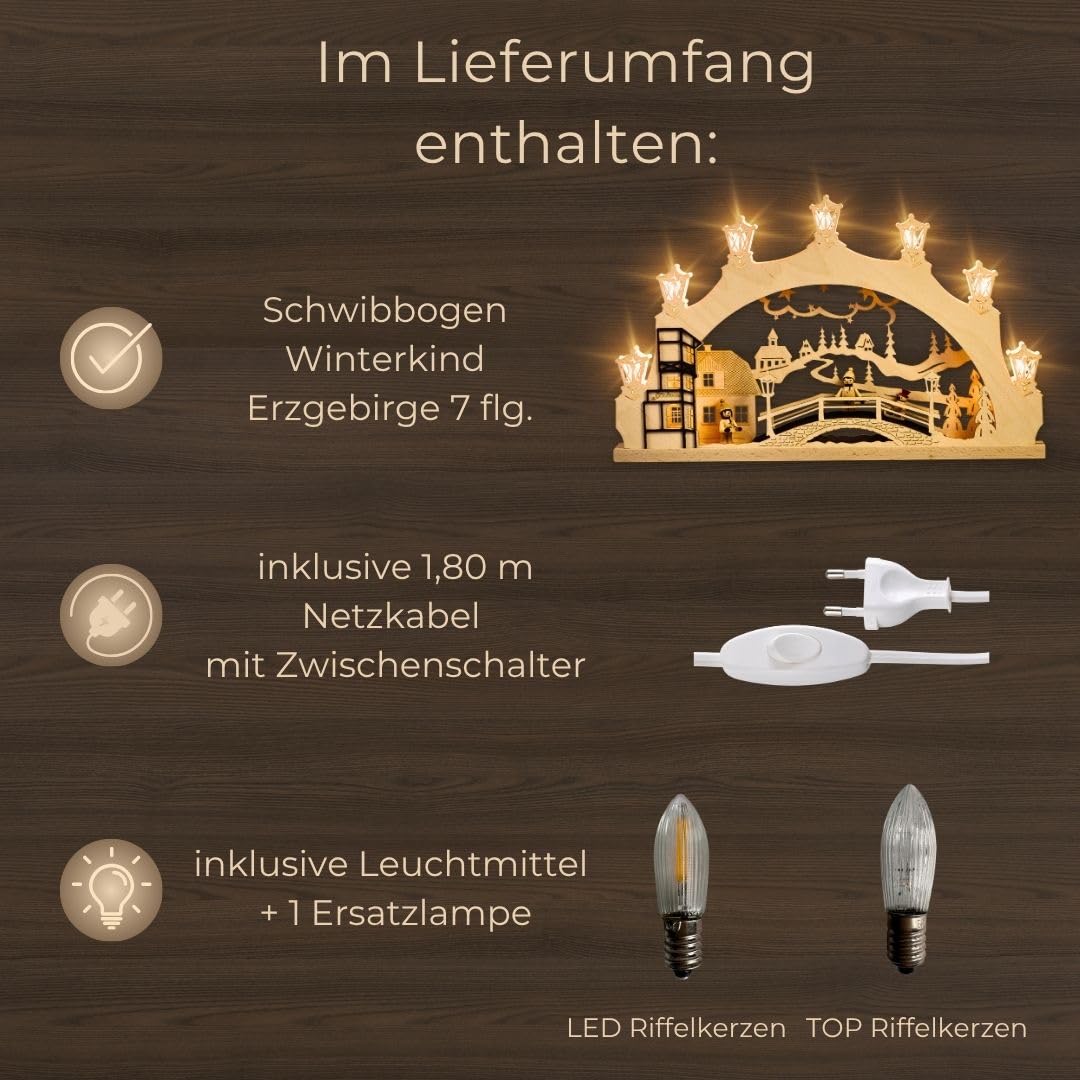 weigla - Schwibbogen original Erzgebirge I Lichterbogen Weihnachten I Motiv Winterkinder Erzgebirge I 7 Lampenkerzen + 1 Ersatzlampe I 7 x 34 V, 3 W, E10 I beleuchtete Weihnachtsdeko