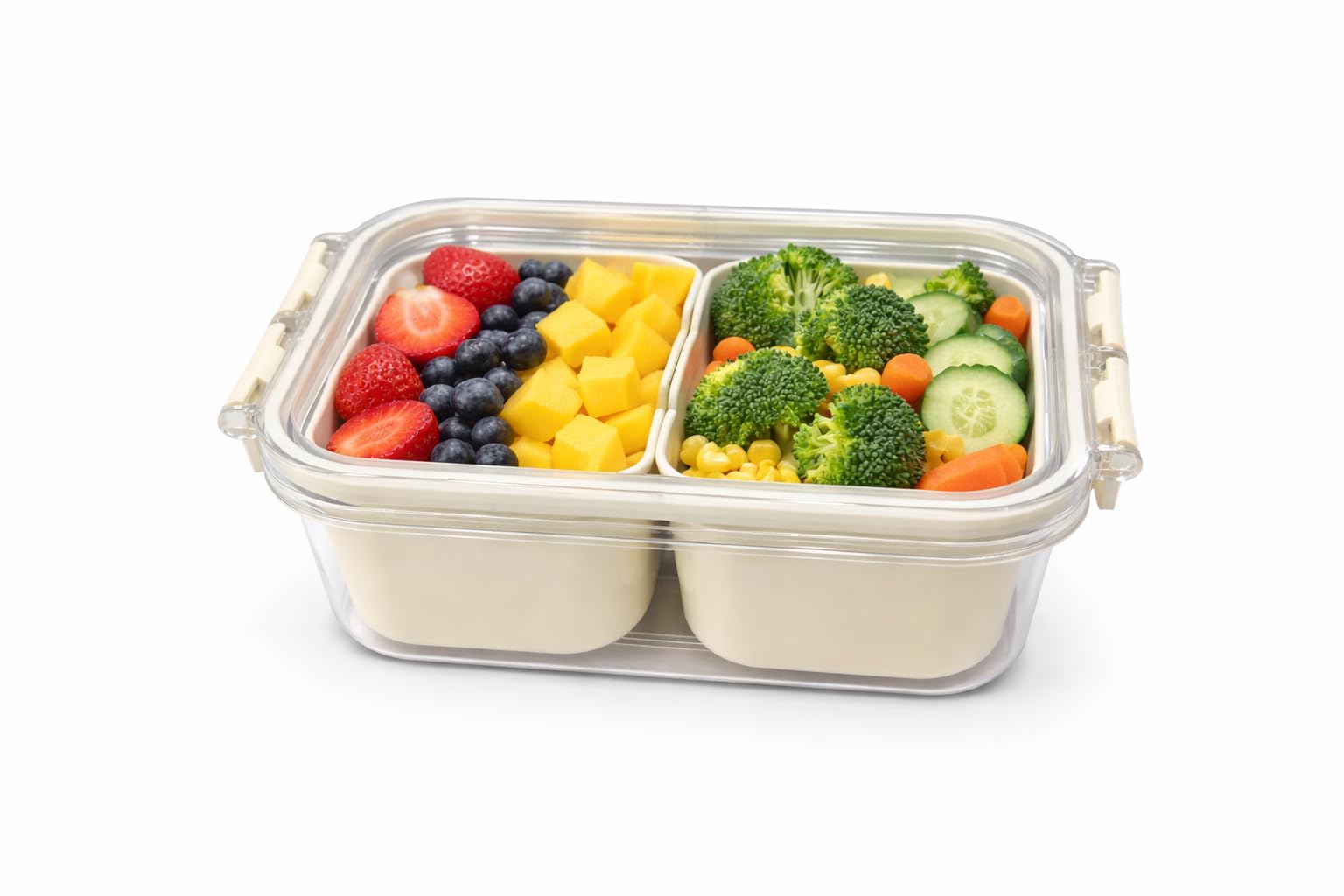Vasukie Divided Fridge Storage Boxes With 4 Serving Veggie Tray with Lid and Handle, Fridge Organizer with Removable 4 Compartment, Fridge Storage Containers (2 Small Compartment - 1PC)