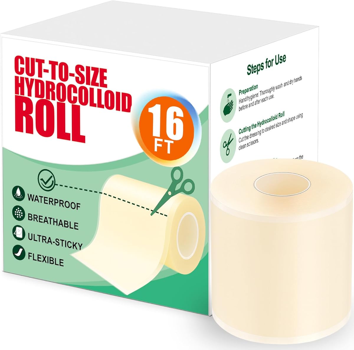 Hydrocolloid Roll for Wound Care – 2 in × 16 ft, Cut-to-Size Hydrocolloid Bandages, Extra Large Patch Tape, Ultra Absorbent, Waterproof & Flexible, First Aid Kit Essential