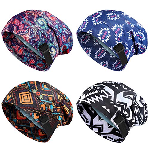 4 Pieces Satin Lined Sleep Cap Hair Cover Bonnet Sleeping Hair Caps Adjustable Bonnet Hats Slouchy Beanie for Night Sleeping (Charming Pattern)
