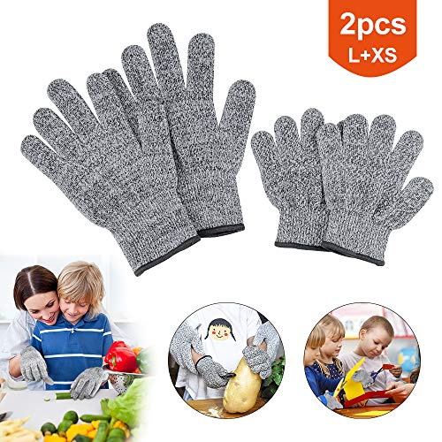 Preisvergleich Produktbild 2 Paare Schnittsichere Handschuhe, Schnittfeste Handschuhe Kinder Schnittschutzhandschuh Küchenhandschuhe Level 5 Schutz Lebensmittelecht Ideal für Eltern Kind Interaktion (L + XS 8-12 Jährige)