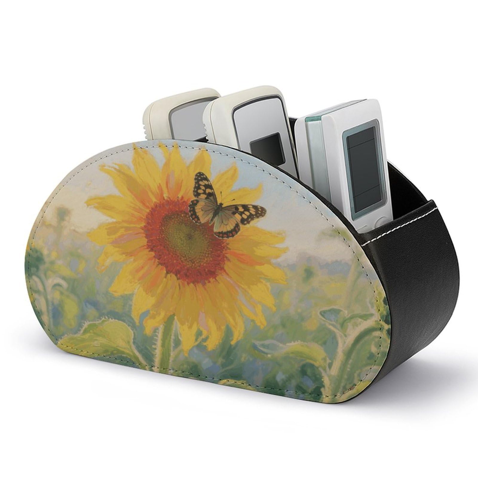 VstaDank - Sunflower Butterfly Remote Control Holder PU Leather Multifunctional Office Organizer Makeup Brush Holder Desktop with 5 Compartments Box