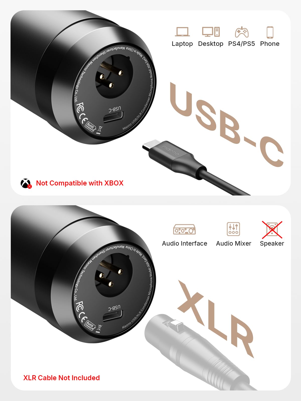 MAONO XLR/USB mikrofon kondensatorowy: 192 kHz/24 bity, Plug & Play, podcast do komputera, z oprogramowaniem, profesjonalny chipset dźwiękowy do nagrywania, studia, śpiewu, YouTube A04 Gen2