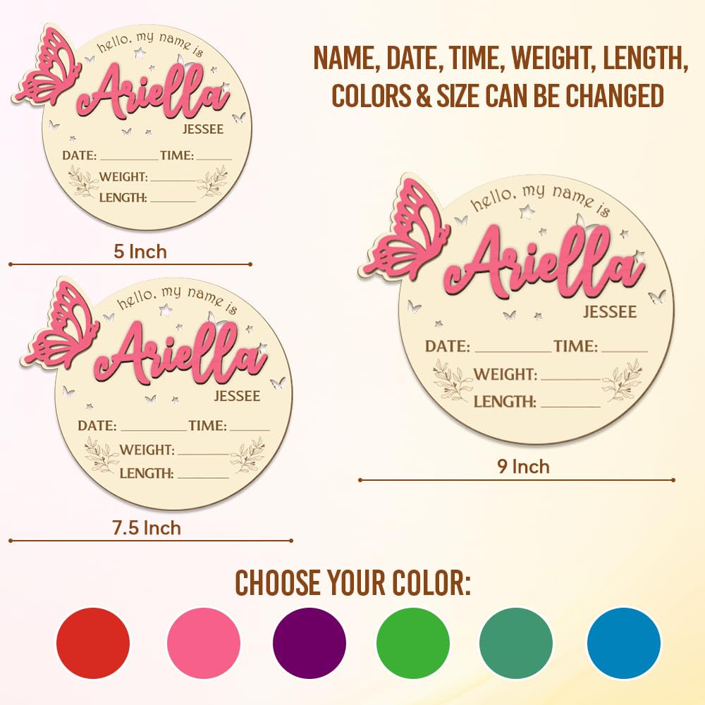 Personalised 3D Butterfly Wooden Birth Announcement Sign Photo Prop with Stats, Custom Baby Name Hospital Photo Prop, Many Sizes/Color/Font Options (Printed in USA - Ships Next Day)