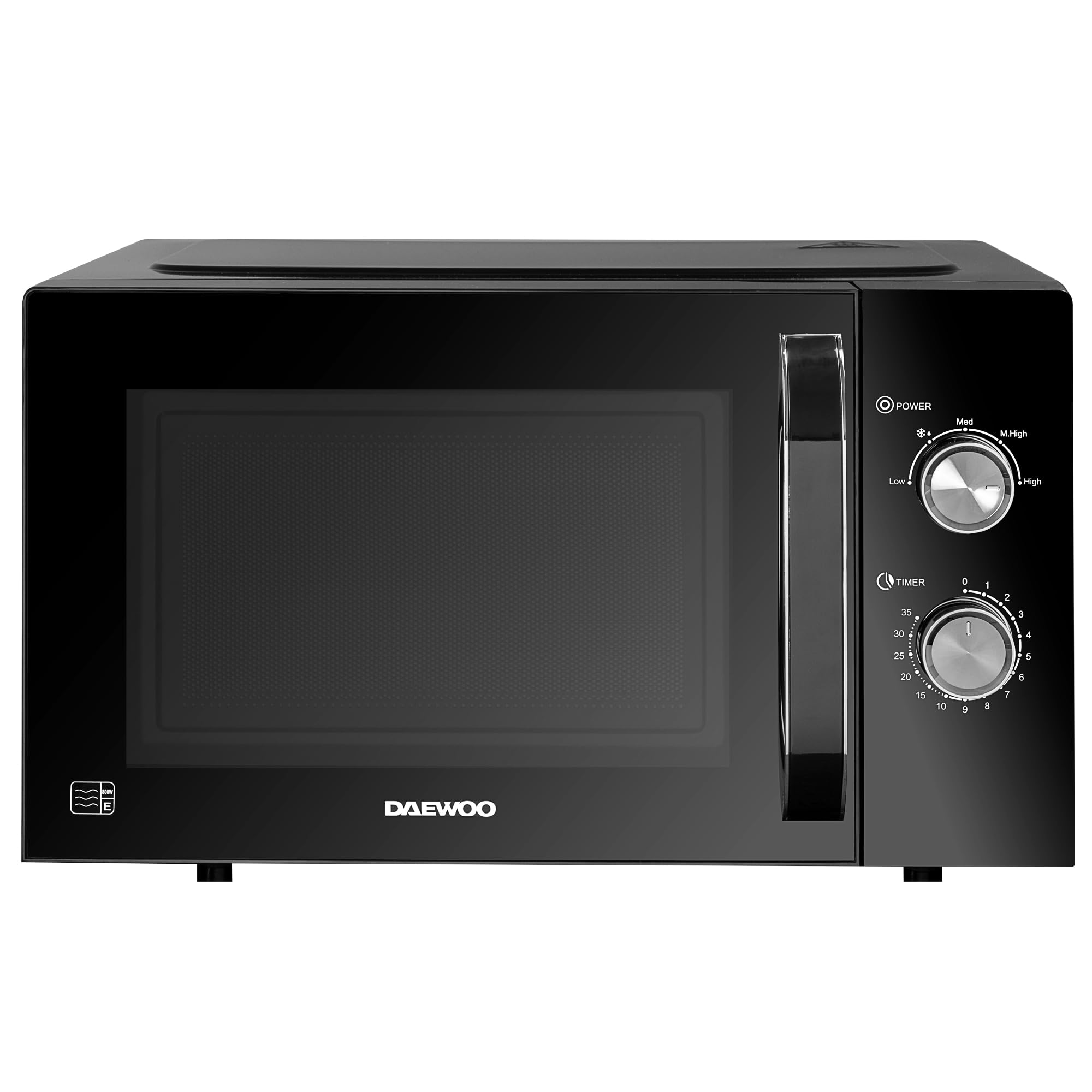 Daewoo 800W, 23L Microwave | Manual 35 Minute Timer | 5 Power Settings | Auto Defrost Function | Glass Turntable and Windowed Door |- Black