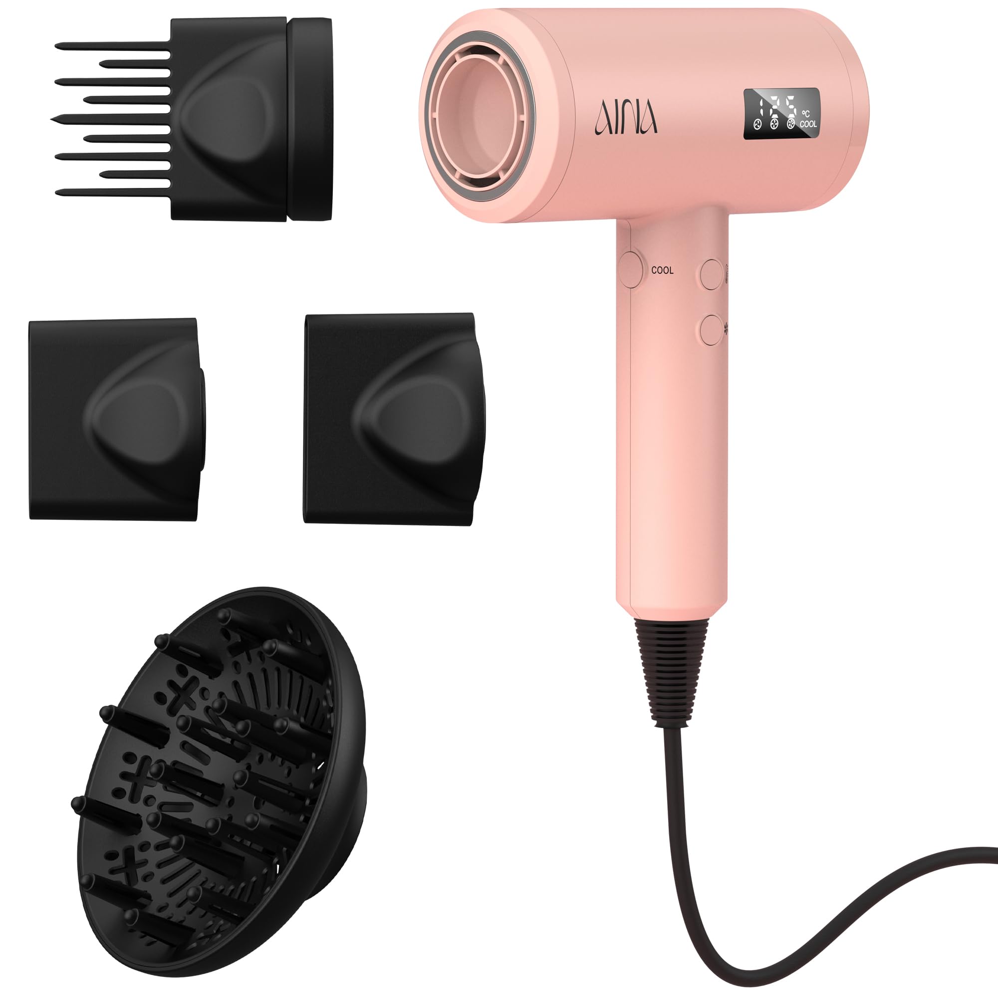 Secador de pelo AINA Pro Salon (nueva tecnología),2300W con peine difusor para mujeres | BLDC | Motor sin escobillas de 150,000 rpm | Iónico | Pantalla LED | 4 accesorios magnéticos 230V/EU(rosa)
