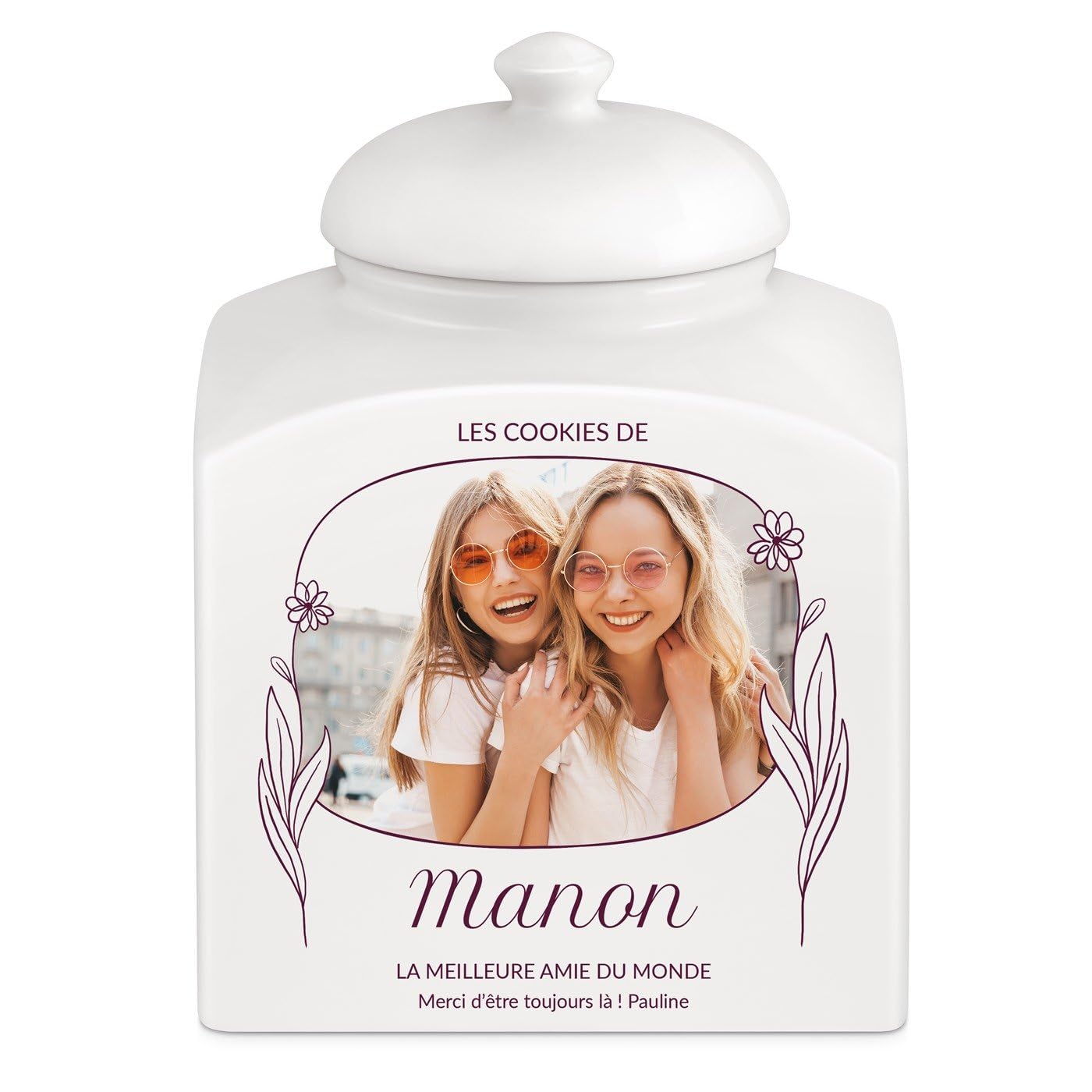 Maverton Pot à biscuits avec impression pour femme - Bocal à Bonbons personnalisé pour elle - Pot de stockage en céramique avec couvercle - pour anniversaire - pour maman - photo avec meilleure amie