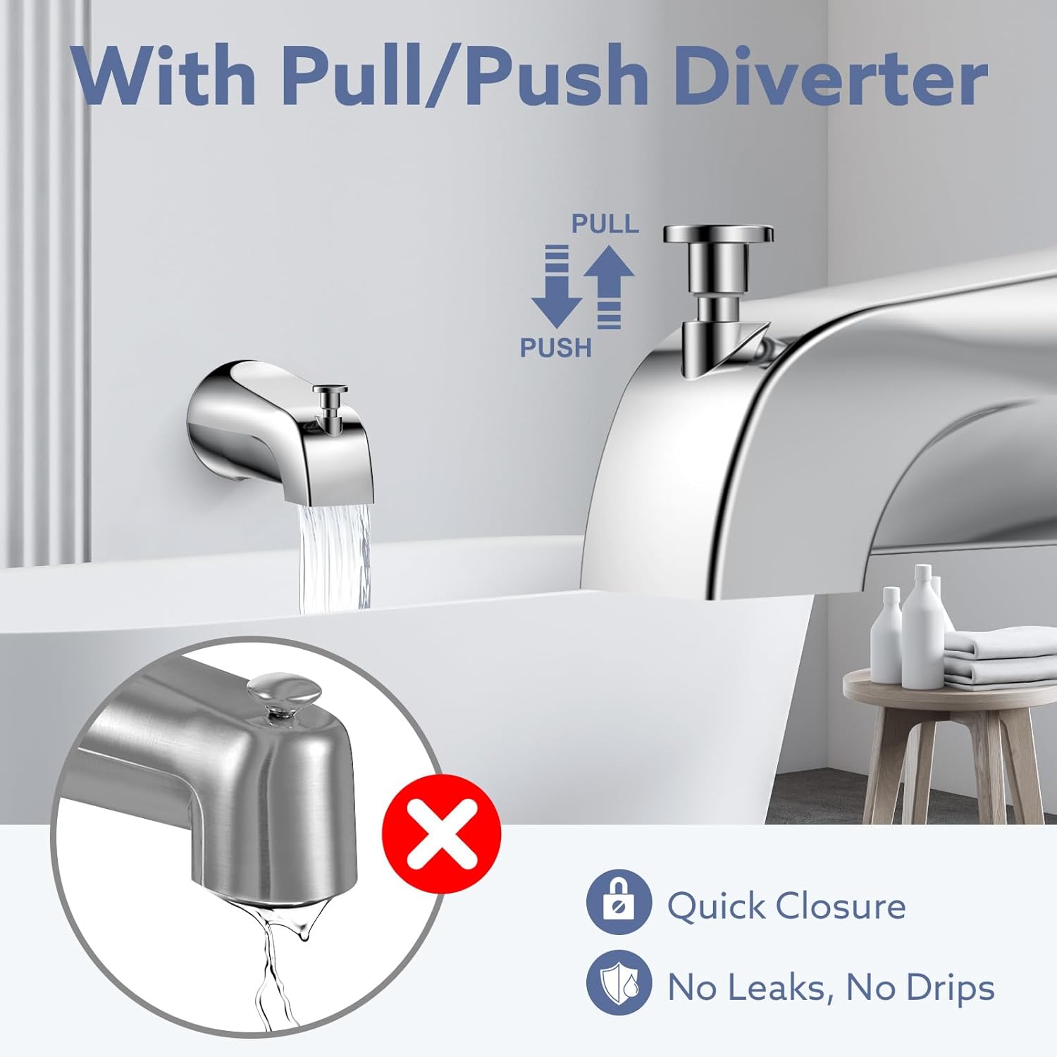 Universal Bathtub Tub Spout with Diverter, Fits 1/2" Slip-Fit Copper Pipe and 1/2" IPS & 3/4" IPS Thread Connections, Bathroom Tub Faucet Replacement with Adapters, PTFE Tape and Hex Wrench (Chrome)