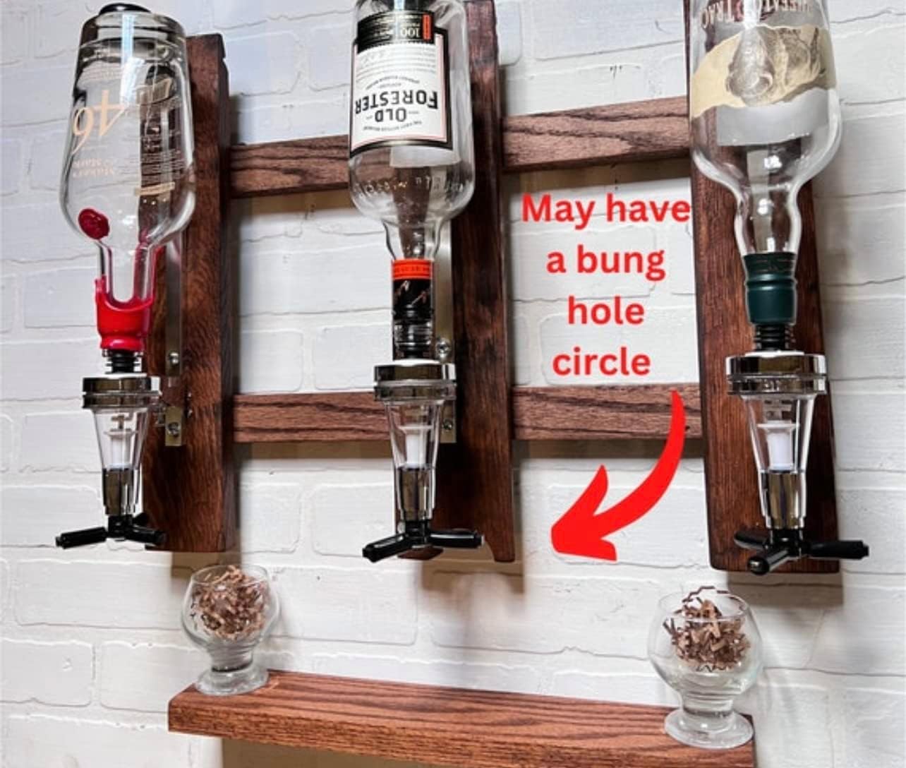 3 Bottles Wall Mounted Liquor Dispenser, Drink Beverage Alcohol Wine Dispenser Bottle Wood Wall Shelf for Home Bar, Glass Drink Whiskey Dispenser for Parties (3 Dispensers)