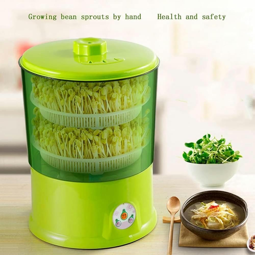 Máquina de brotes de frijol, sistema de cultivo de 2 capas con placa de presión, riego automático de 360°, modo de siembra de 4 estaciones para cultivar brotes de frijol fresco