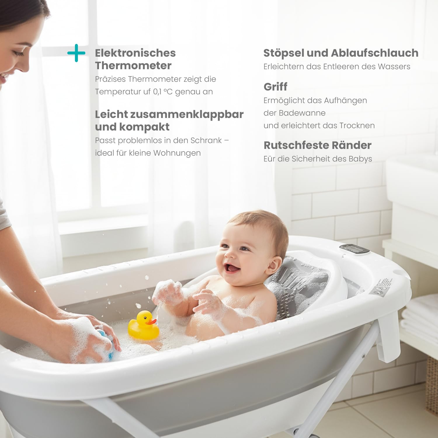 Primabobo Milo Faltbare Babybadewanne mit Gestell und Badesitz, Elektronischem LCD-Thermometer und Ablaufschlauch, Stabiles Bade-Set für Neugeborene und Babys, Grau