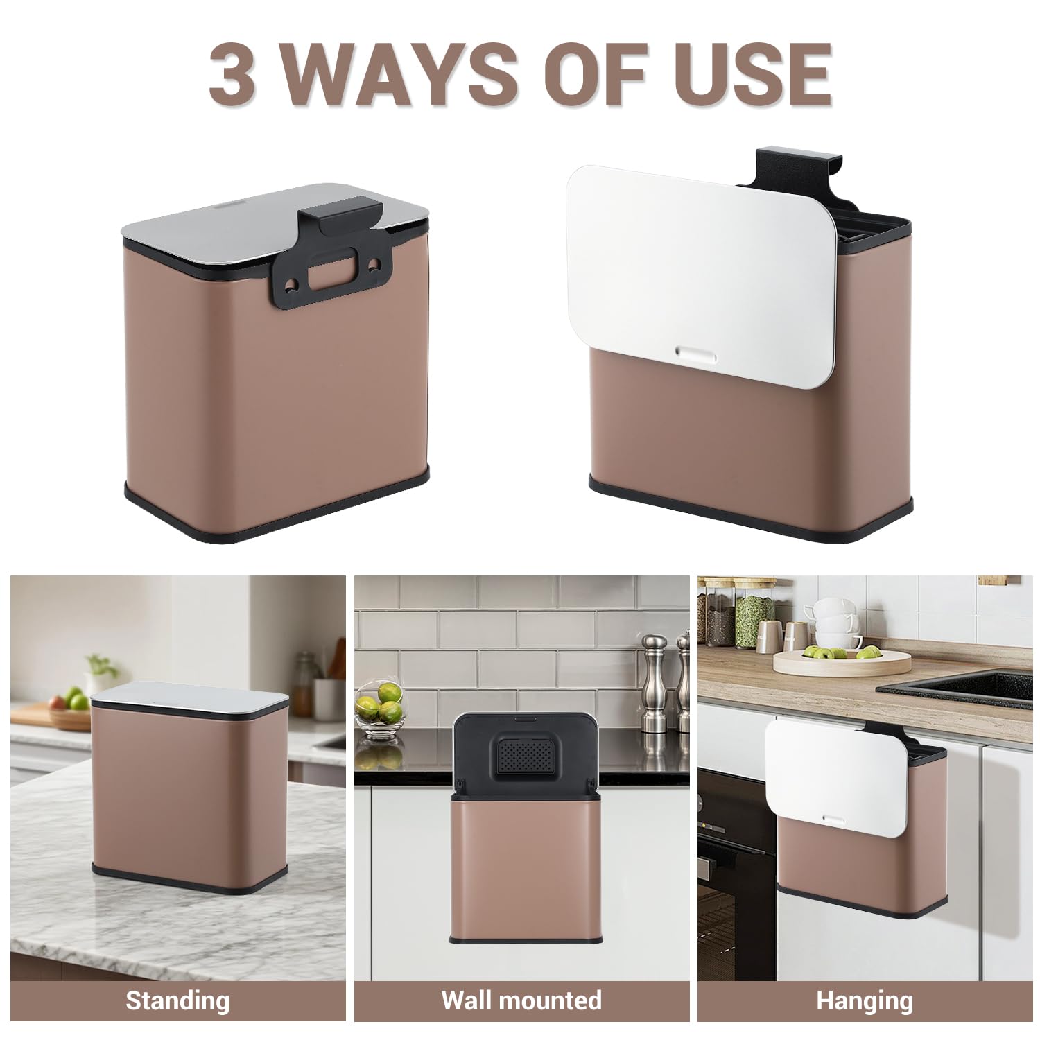 Garvee Kitchen Compost Bin Hanging Trash Can with Charcoal Filter Lid 1.3 Gallon Stainless Steel Trash Can 5 Liter Wall-Mounted Garbage Can for Kitchen Cabinet Door Under Sink Door RV Bathroom,Brown - Image 3