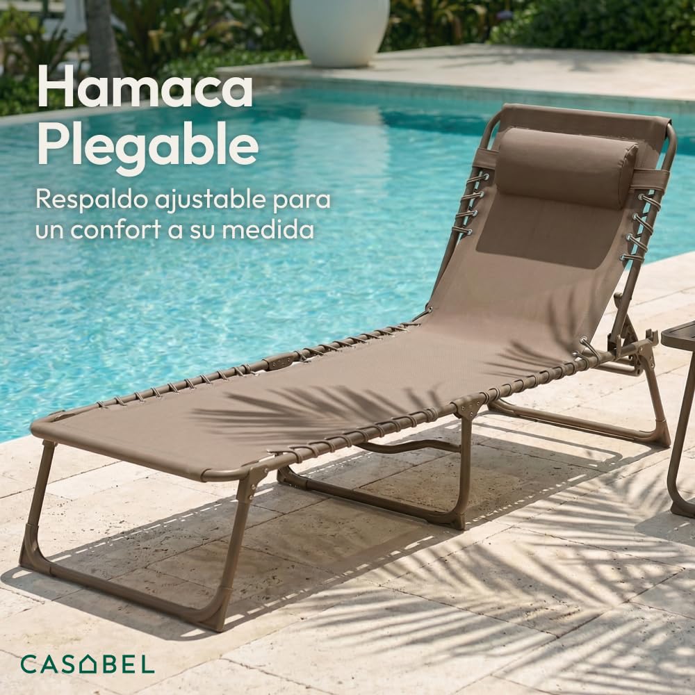 CASABEL Tumbona Plegable, Tumbona Jardín Resistente y Cómoda, Estructura de Acero y Tela Textilene, Silla para Camping, Terraza, Piscina o Playa, Color Topo