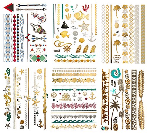 Terra Tattoos Tropical Hawaiian Temporary Tattoos - 75 Beach Metallic Tattoos