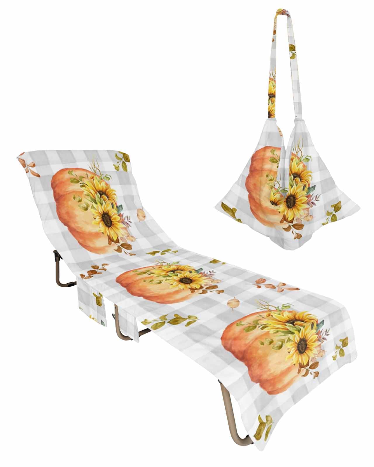 Pumpkin Beach Chair Towel Covers for Chaise Lounge with Side Pocket, Soft Plush Pool Towels Cover for Patio Sunbathing Outdoor 29''x85'' Fall Sunflower Autumn Maple Leaves Plaid
