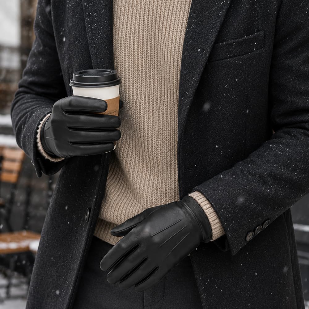 Harssidanzar Gants en cuir à écran tactile pour hommes doublure en cachemire gants en cuir de mouton SM052EU
