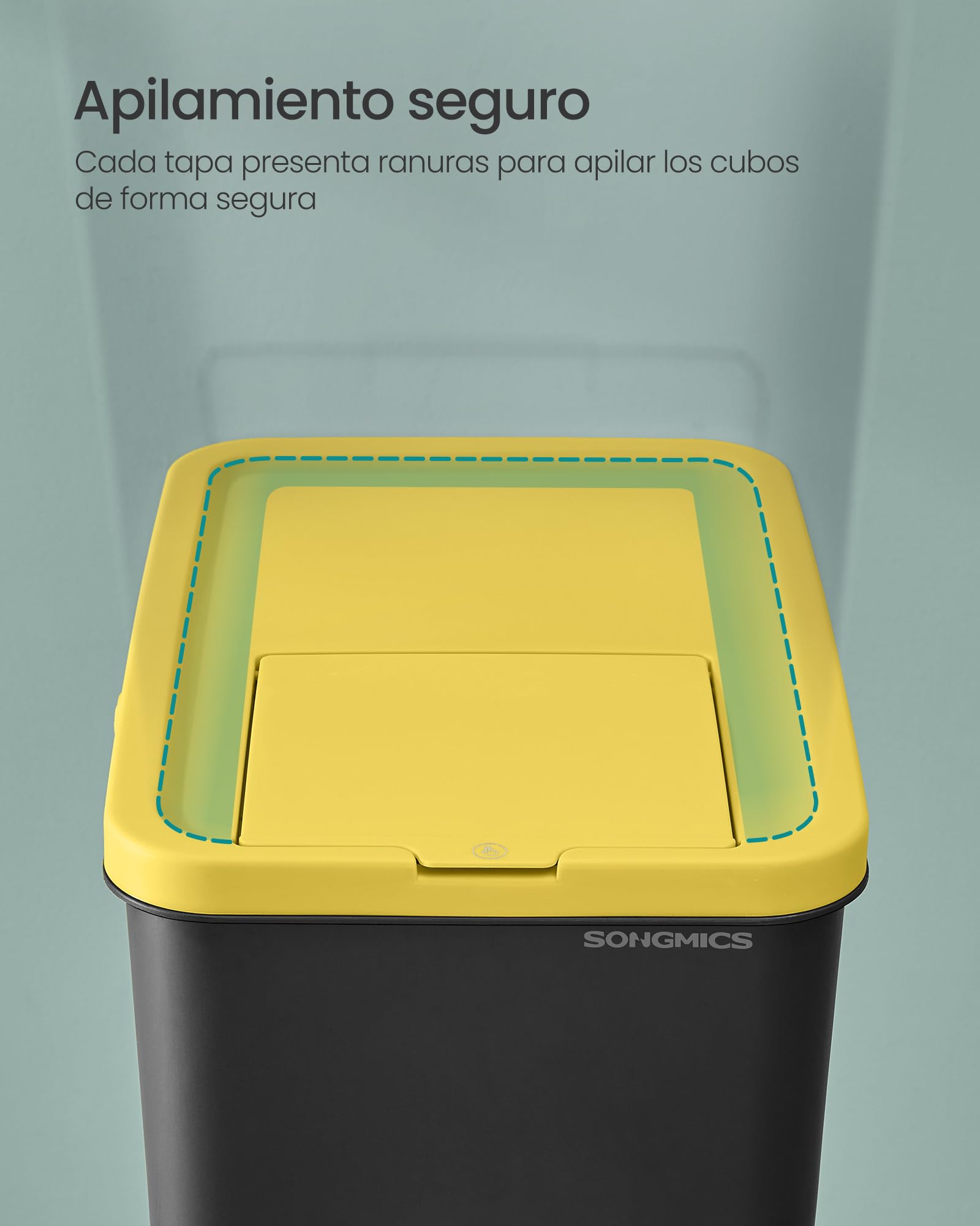 SONGMICS Cubo de Basura, Juego de 4 Cubos Apilables, Papeleras, 20 L Cada, Sistema de Separación Residuos, Tapas Apertura a Presión, Pegatinas, Almacenaje, Amarillo, Azul, Marrón y Verde LTB760BZ01