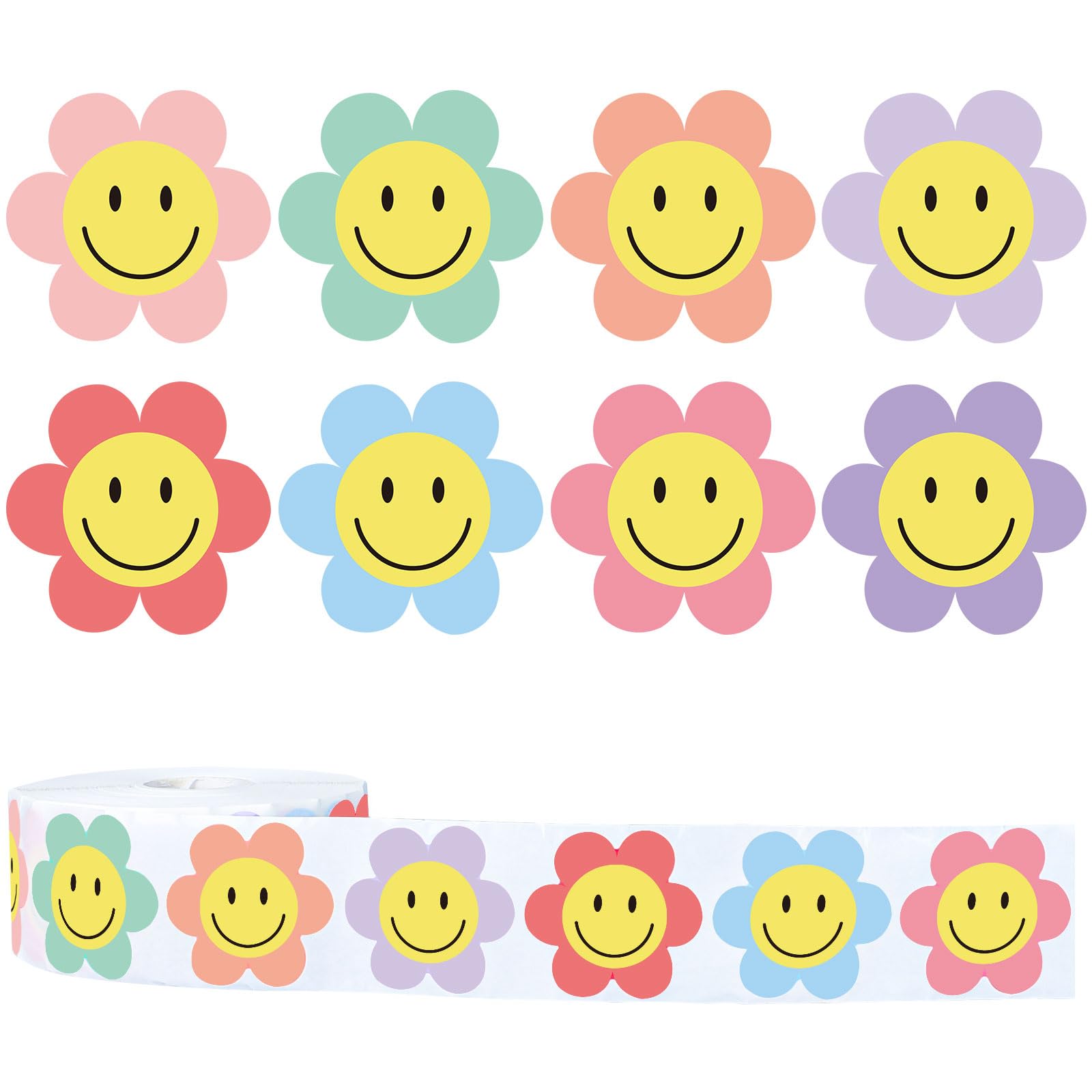 AnyDesign 1000 Daisy Flower Stickers Roll Happy Smile Face Decal Self-Adhesive Floral Reward Groovy Motivational Stickers for School Teacher Kids Students, 8 Designs