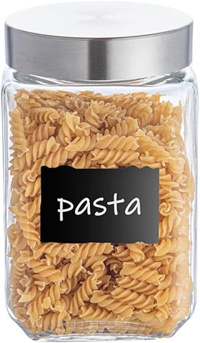 Restaurantware Vetri - Tarro de almacenamiento de vidrio de 58 onzas, con tapa, etiqueta de pizarra, 3 12 x 3 12 x 7 14 pulgadas, caja de 1 unidad