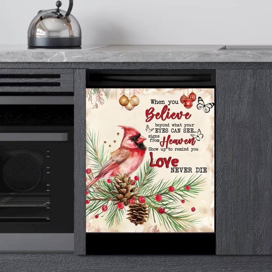 Cardinal Magnetic Dishwasher Cover Panel Decal Xmas Pine Tree Berries Refrigerator Magnets Decorative Red Birds Dishwasher Sticker for Washers Fridge Kitchen Decor Decals 23"x26"