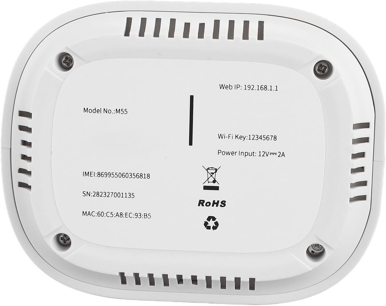 Bottom view of the 5G CPE Router showing model number, Wi-Fi key, and Web IP