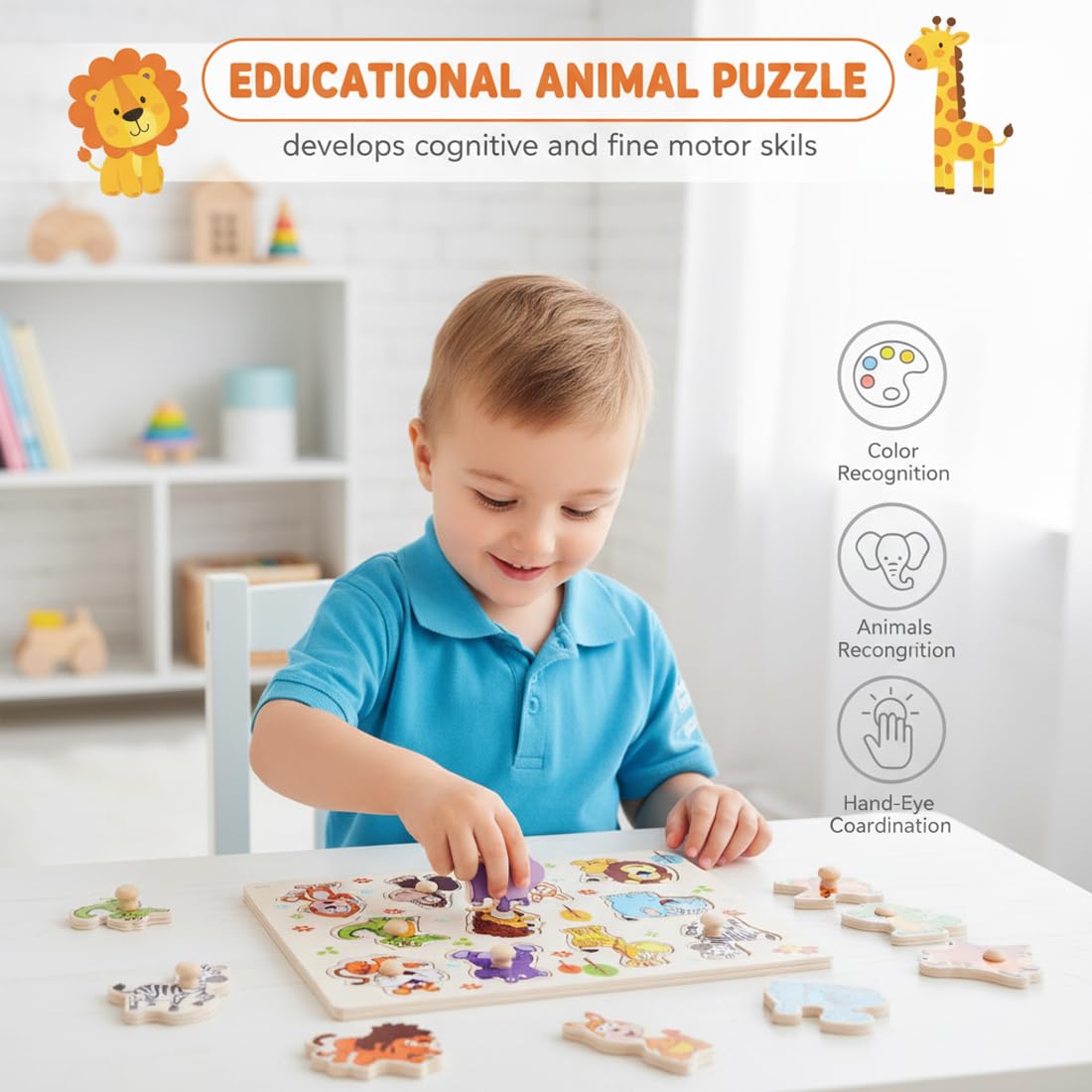 Puzzle en Bois Jouet Éducatif Animaux de la Jungle pour Enfants 1-3 Ans