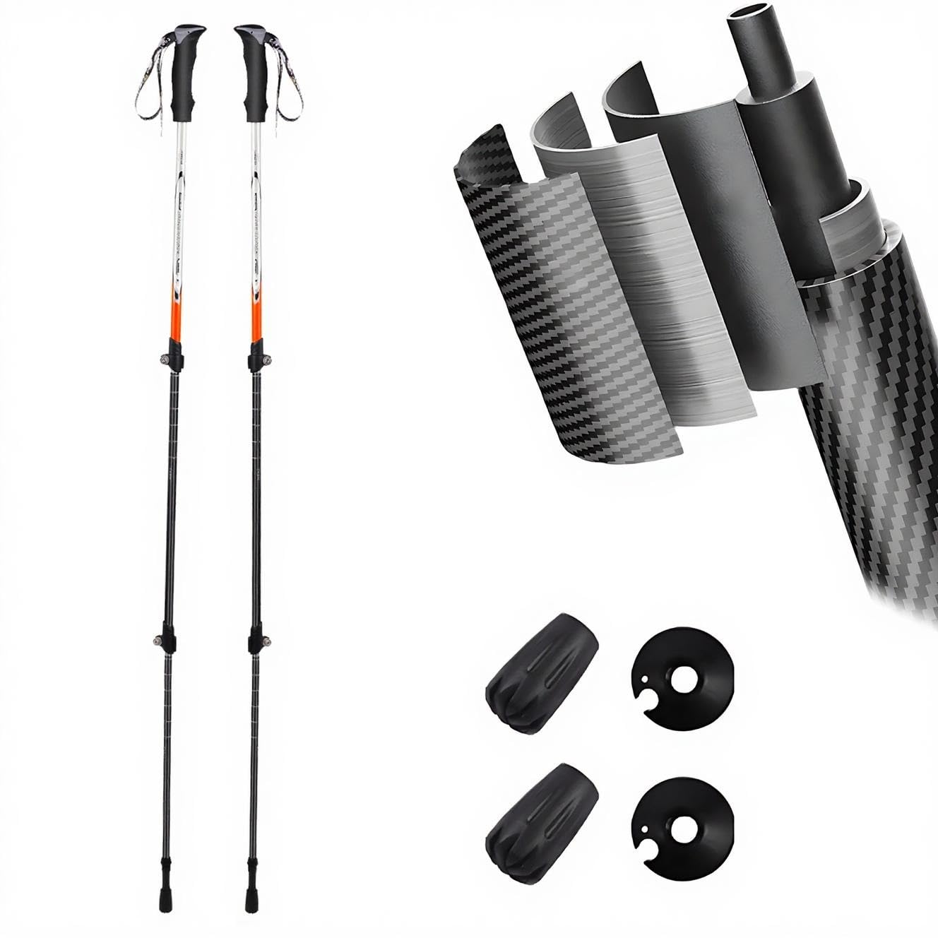 Bâtons de randonnée ultralégers (Lot de 2), en Fibre de Carbone Extensible, avec système de Verrouillage Rapide, poignée Ergonomique et Embouts en tungstène, idéaux pour la Randonn