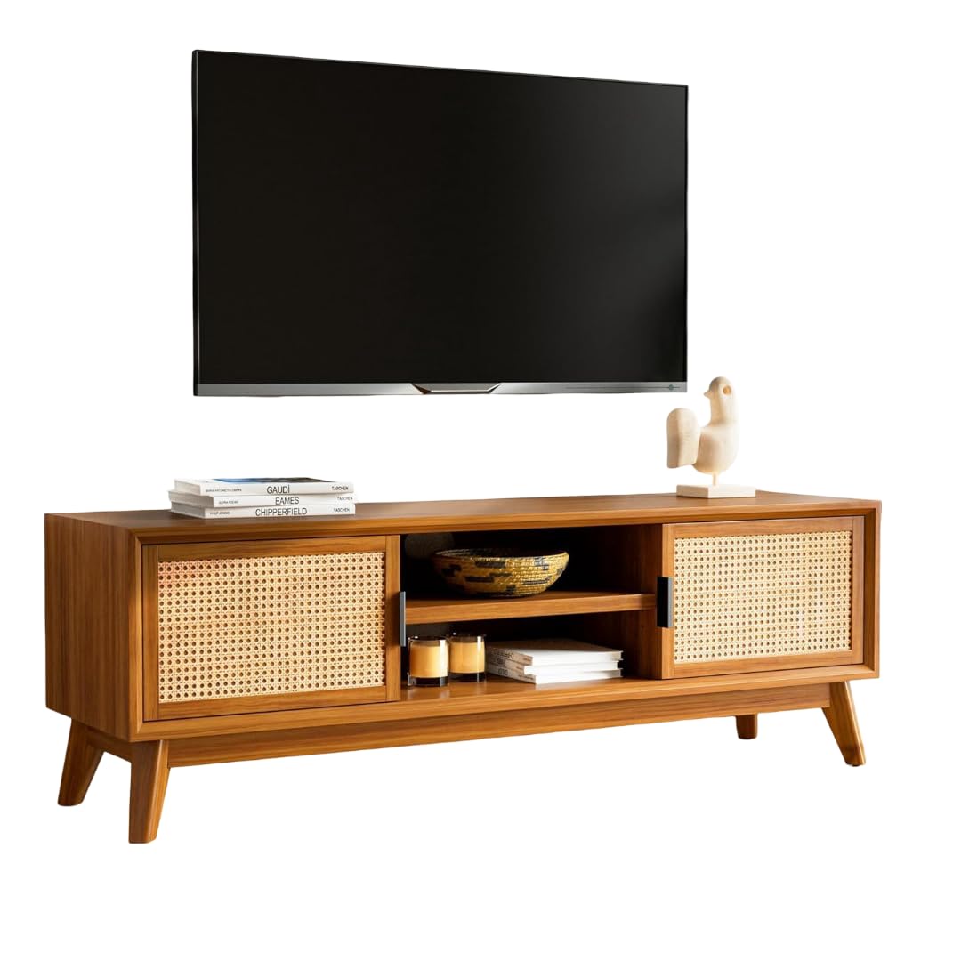 THE KASHTH Premium Solid Wood, 10 Minutes Assembly (Legs Only), Aesthetic Rattan Doors, Mid Century Entertainment Center for Living Room, TV Stand for 65" TV, Dark Chocolate (Honey Colour)-image-24