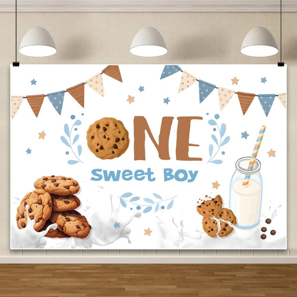 AWERT 3 x 2,4 m 'Happy 1st Birthday' tło baner jeden słodki chłopiec mleko ciasteczka urocze tło fotograficzne chłopcy pierwsze urodziny baby shower przyjęcie dekoracje materiały