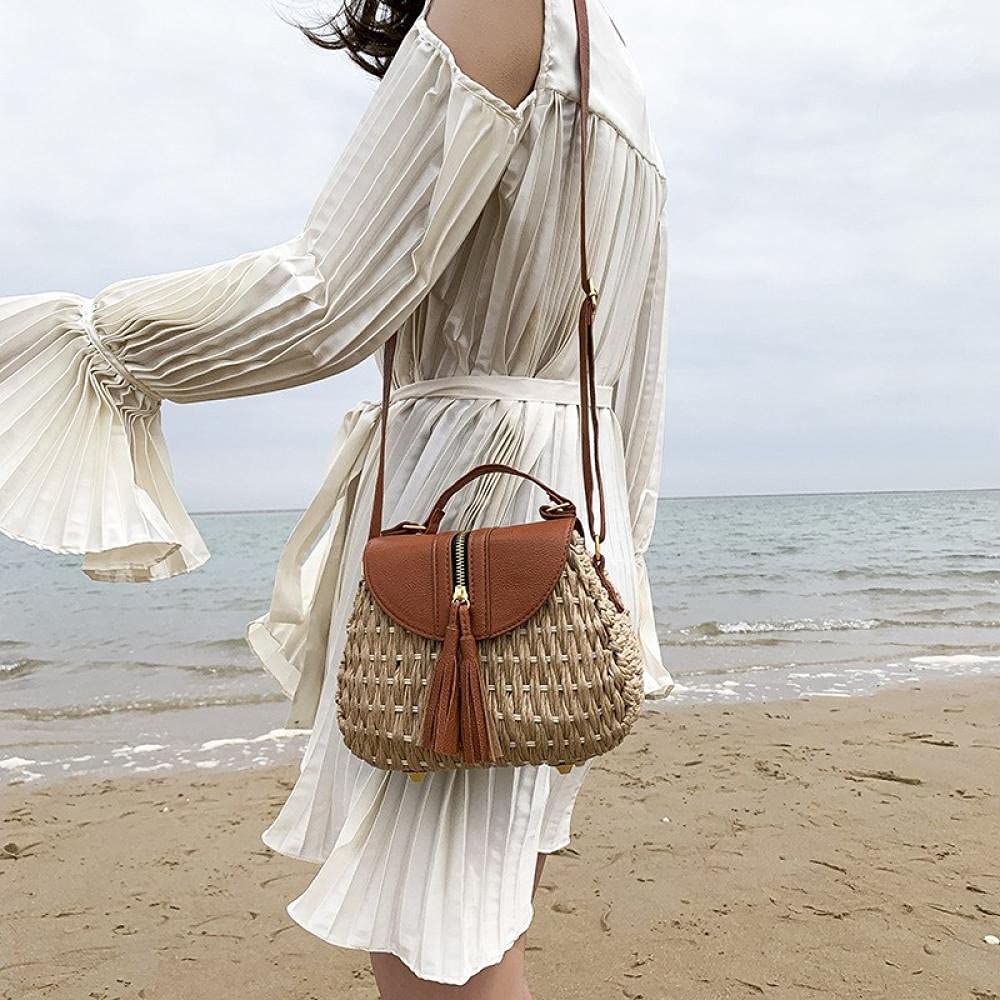 Sac Bandoulière En Paille Et Simili Cuir Marron - Motif Losange, Taille Moyen, Neuf Avec étiquettes