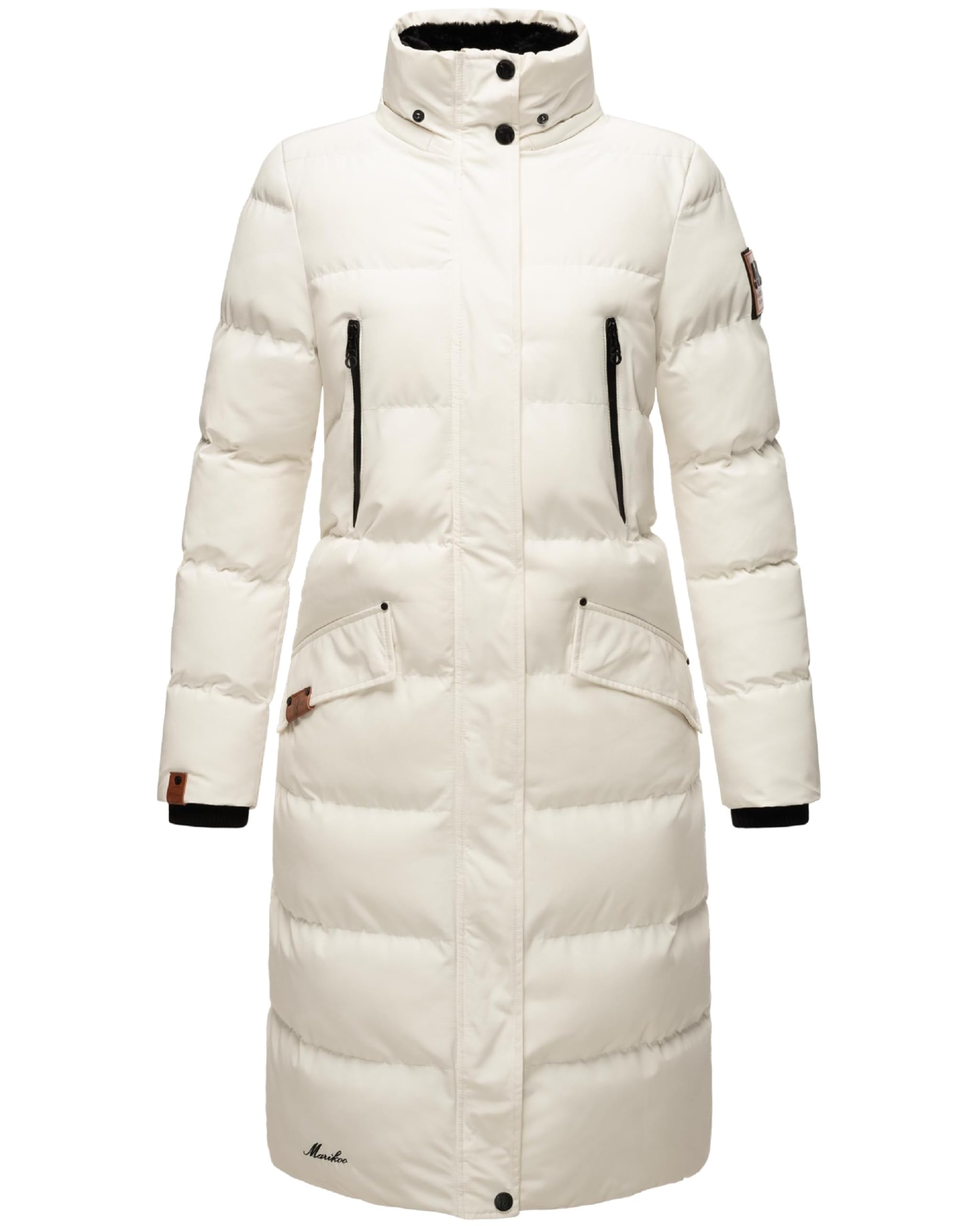 MARIKOO Damen Wintermantel warmer Steppmantel lang mit abnehmbarem Kunstfell und Kapuze Schneesternchen XS-XXL