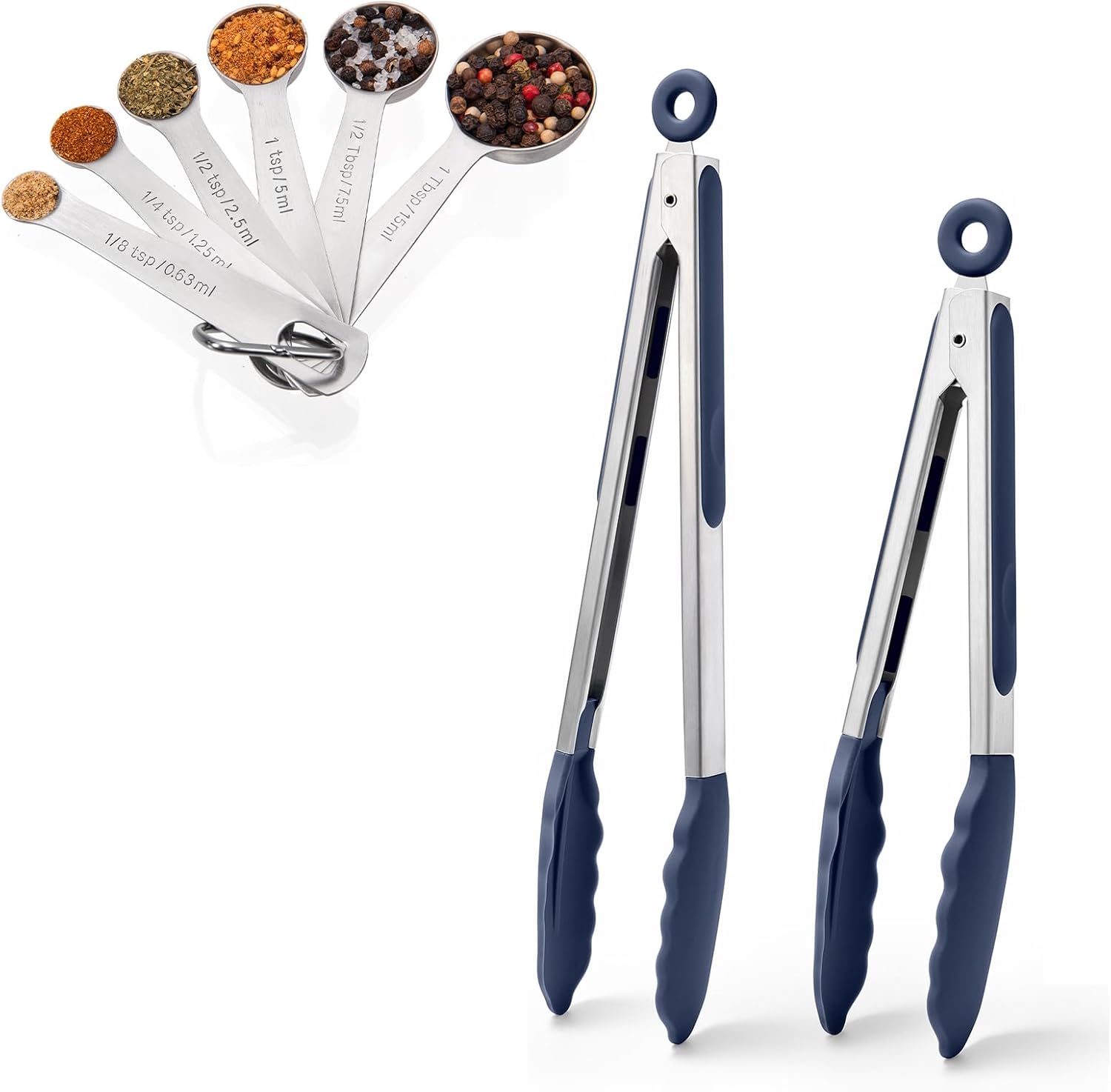 Doosu 600°F Heat Resistant Kitchen Tongs for Cooking with Non-Scratch Silicone Tips (9+12in, Navy Blue) & 18/8 Stainless Steel Measuring Spoons Set of 6 Teaspoon Tablespoon for Dry Liquid Ingredients